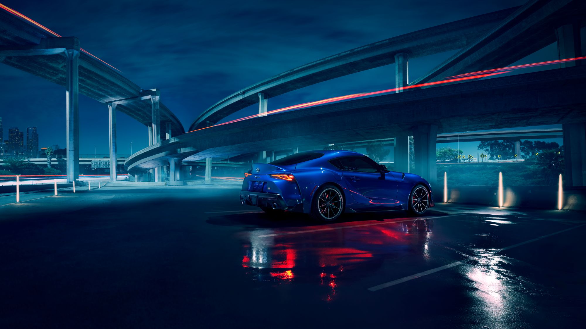 Residents of Houston, TX can visit AutoNation Toyota Corpus Christi to find their next Toyota car, truck, or SUV Exterior shot of Blue Toyota GR Supra