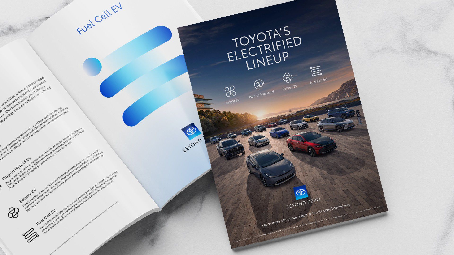 Image of educational materials on Toyota’s electrified lineup with imagery of the vehicle lineup, illustrative graphics and icons.