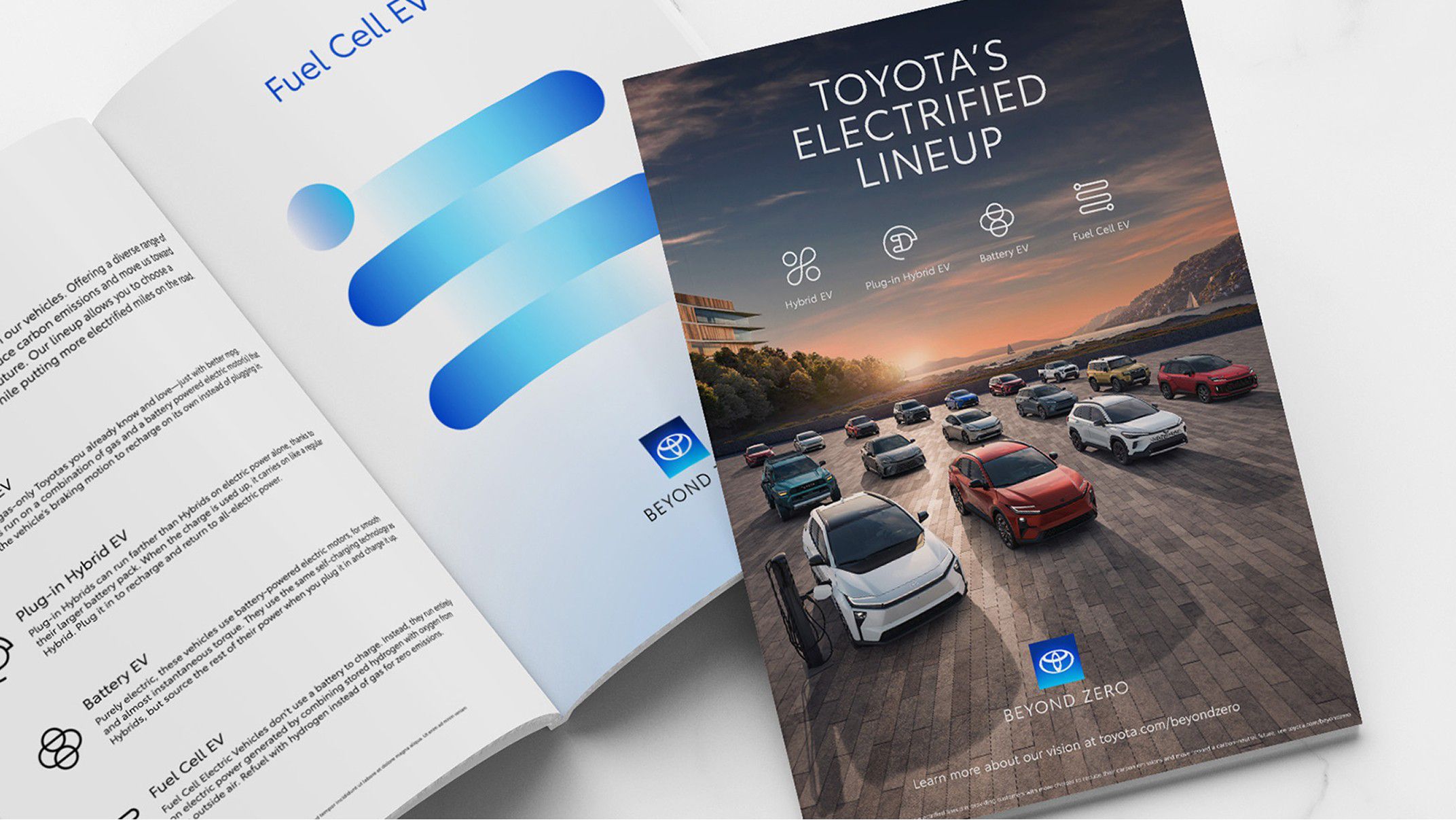 Image of educational materials on Toyota’s electrified lineup with imagery of the vehicle lineup, illustrative graphics and icons.