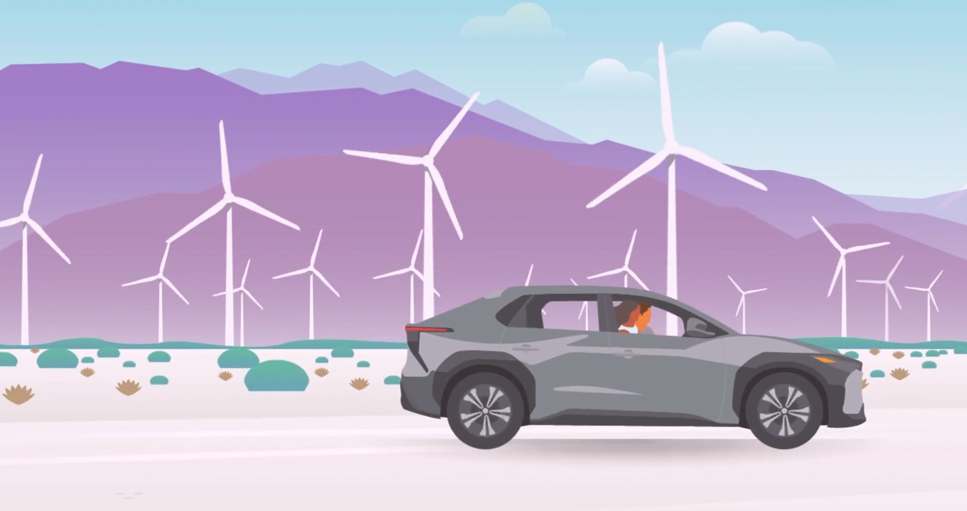 Graphic of Toyota vehicle in front of a wind farm