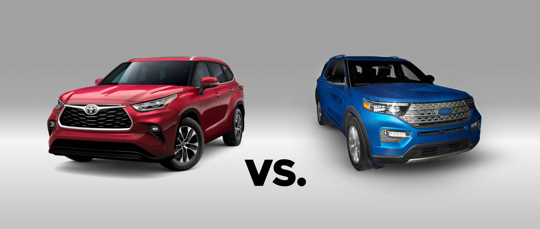 A 2022 Toyota Highlander SUV colored Ruby Flare Pearl beside an 2022 Ford Explorer colored Atlas Blue.
