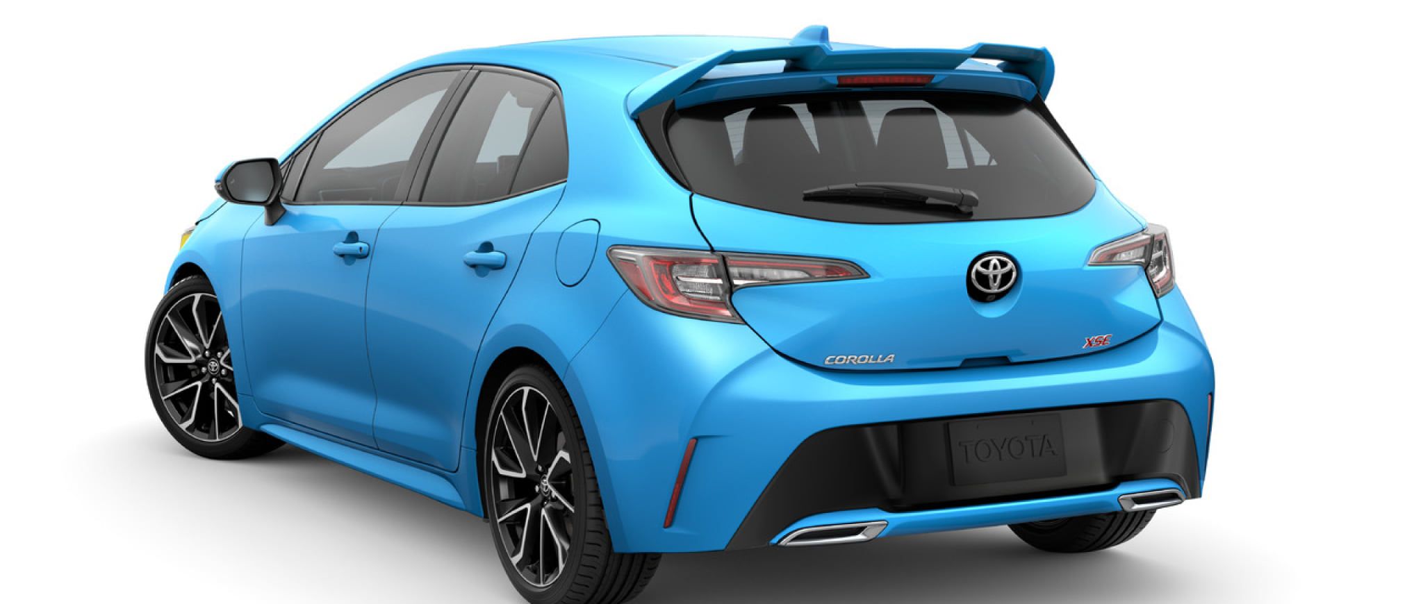 An isolated view of a Blue Flame 2022 Toyota Corolla highlighting the rear quarter and a clear view of the back hatch.
