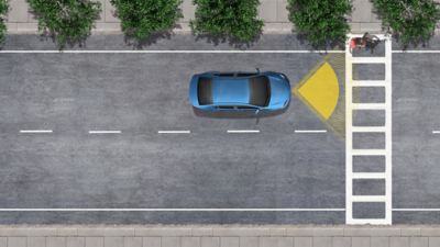 Birds eye view render of a toyota blue corolla using pedestrian detection displayed as a yellow triangle