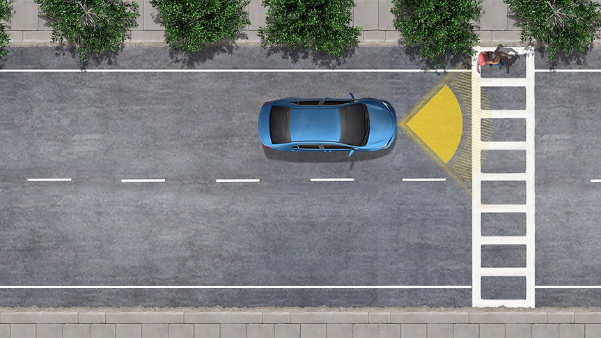 Birds eye view render of a toyota blue corolla using pedestrian detection displayed as a yellow triangle