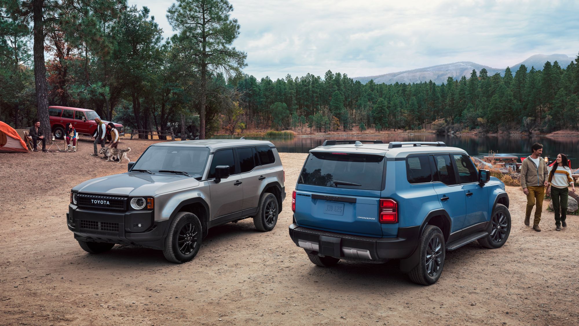 Blue and grey Toyota land cruisers in forrest