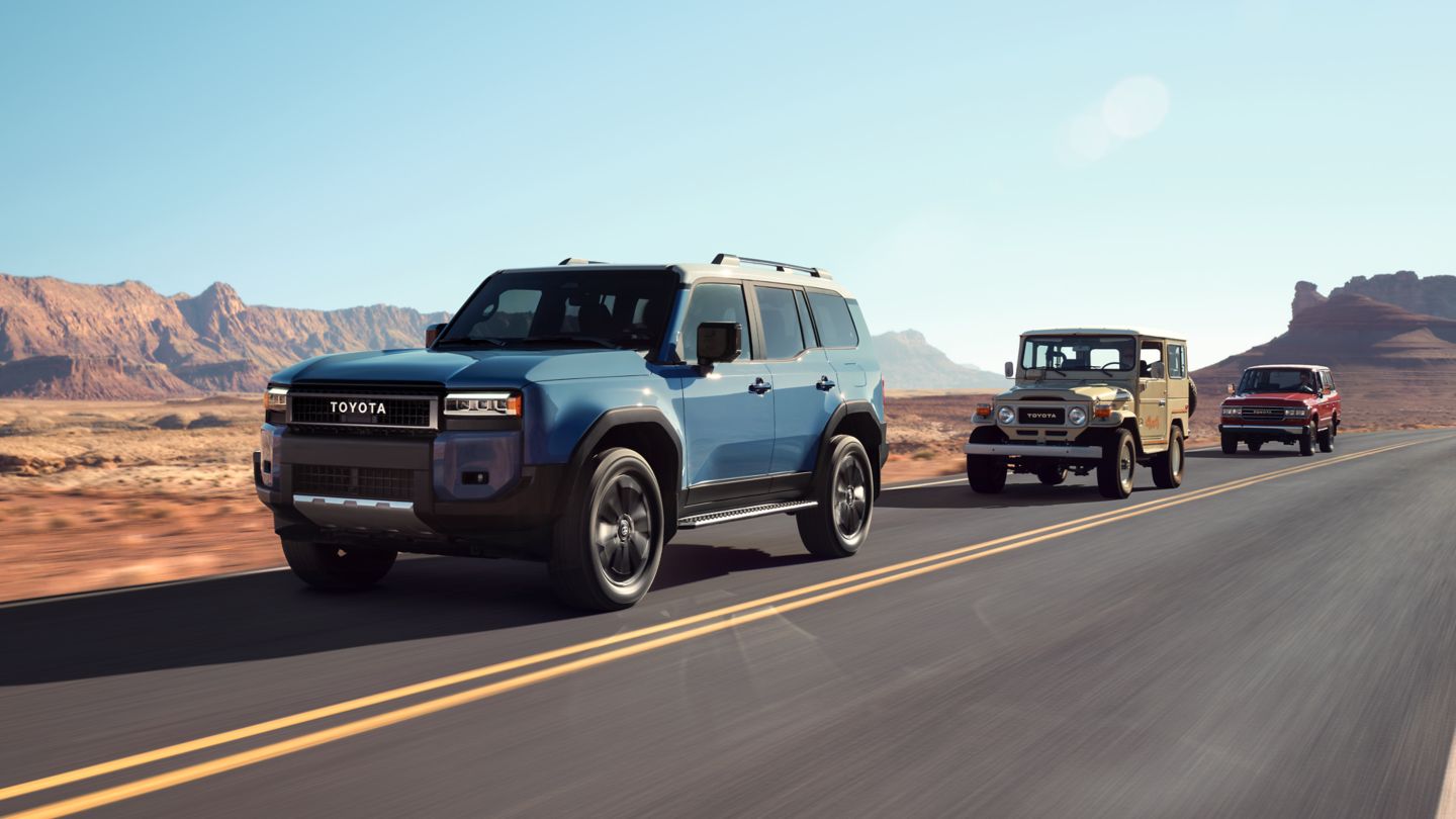 2025 Toyota Land Cruiser Land Cruiser shown in Heritage Blue with Grayscape roof * with available Premium Package and 20-in. alloy wheels