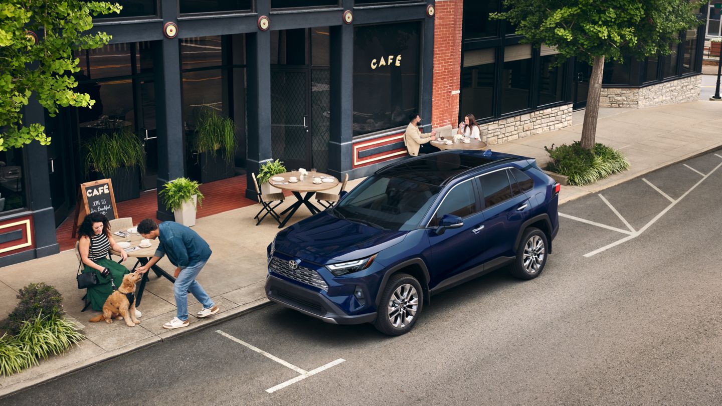 2025 Toyota RVA4 Limited parked on street with couple petting dog on the sidewalk