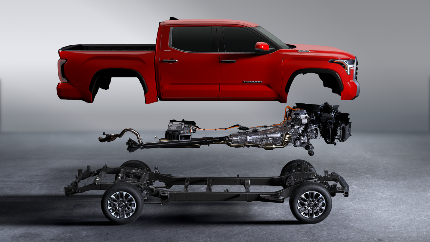 Red 2025 Tundra disected from frame body and erngine chassis